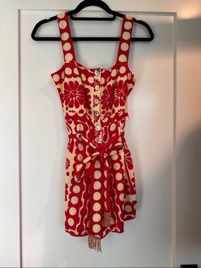 Farmrio Red and Cream Polka Floral Button-Front romper